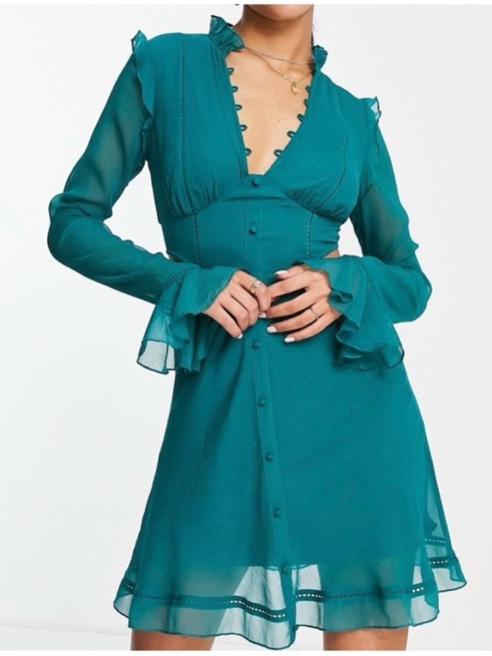 ASOS Design Ruffle Detail Dress Button Detail in Teal Green 16 Tall Long Sleeves
